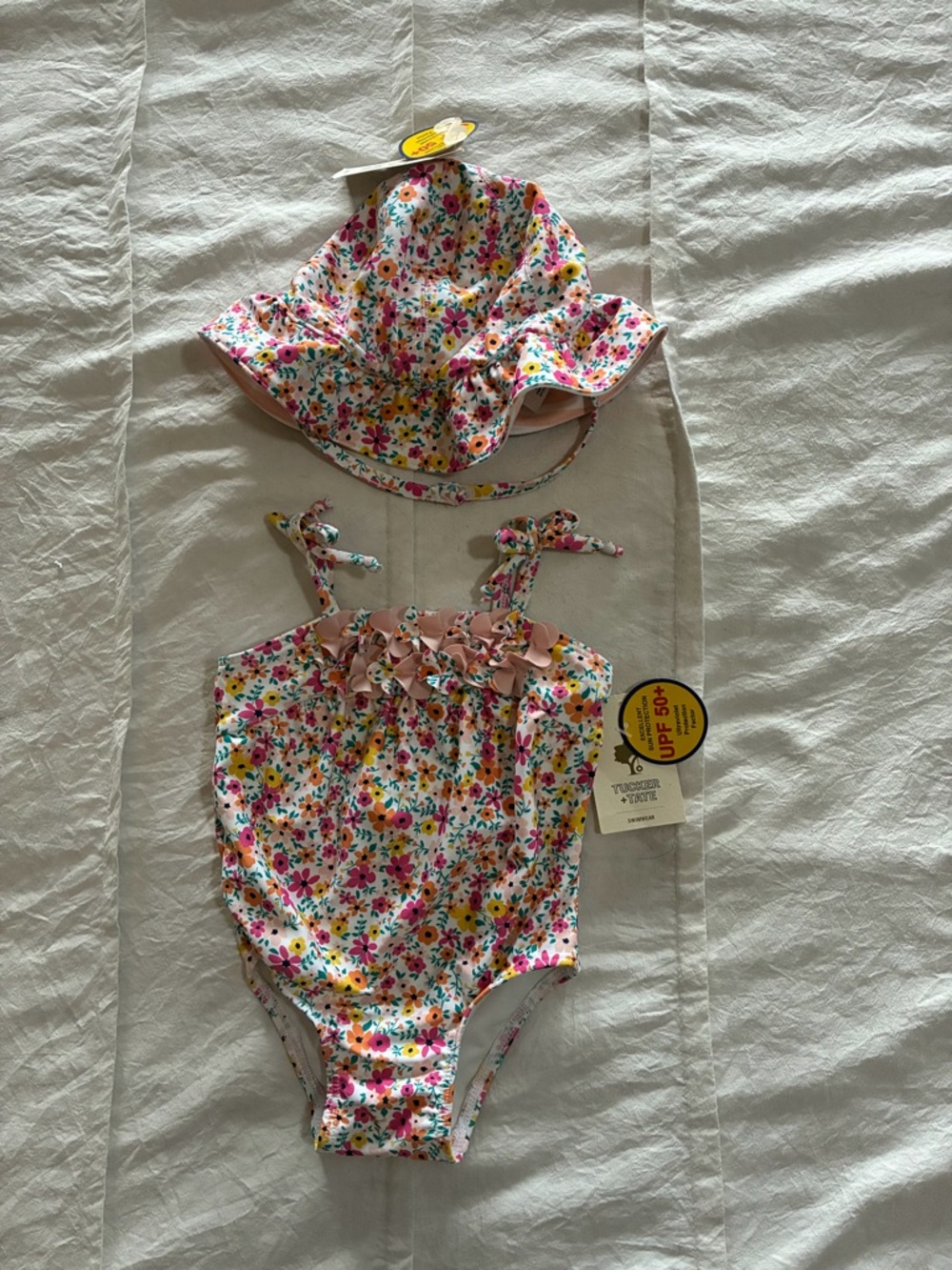 Tucker + Tate Floral One-Piece Swimsuit with Sun Hat - Pink, Yellow, Green, Blue